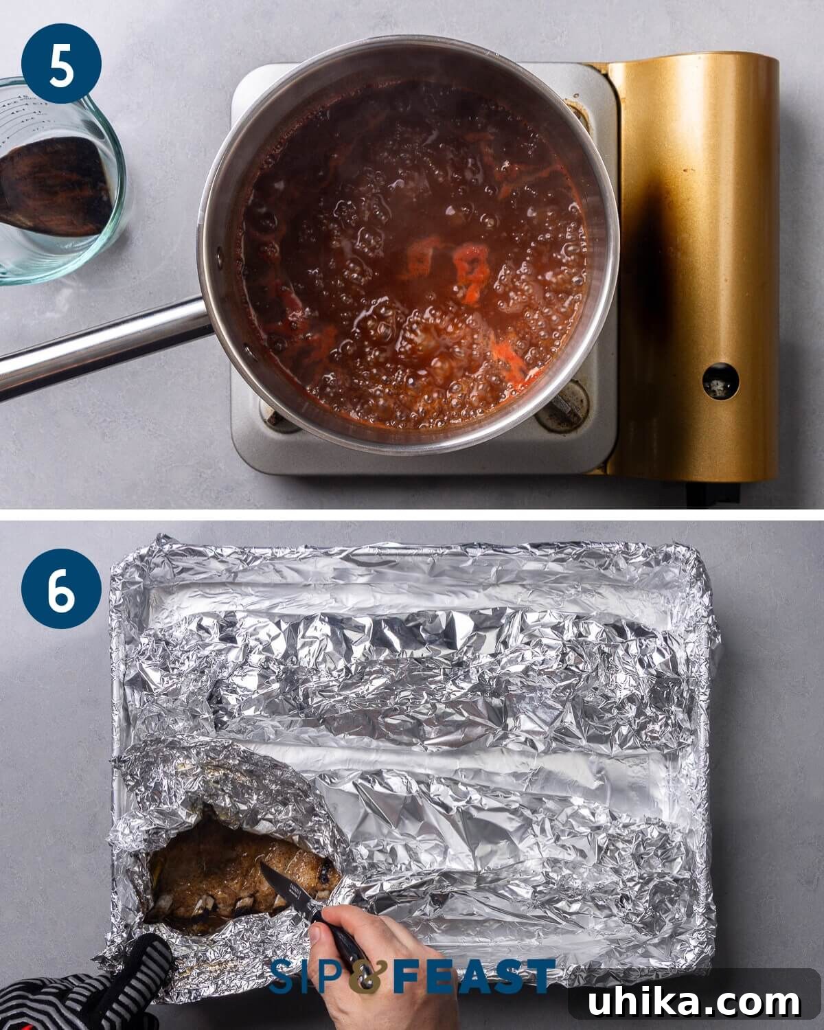 Succulent Oven Ribs with Scratch-Made BBQ 7 Recipe collage three showing the process of making the homemade bbq sauce and checking the ribs for tenderness after slow baking.