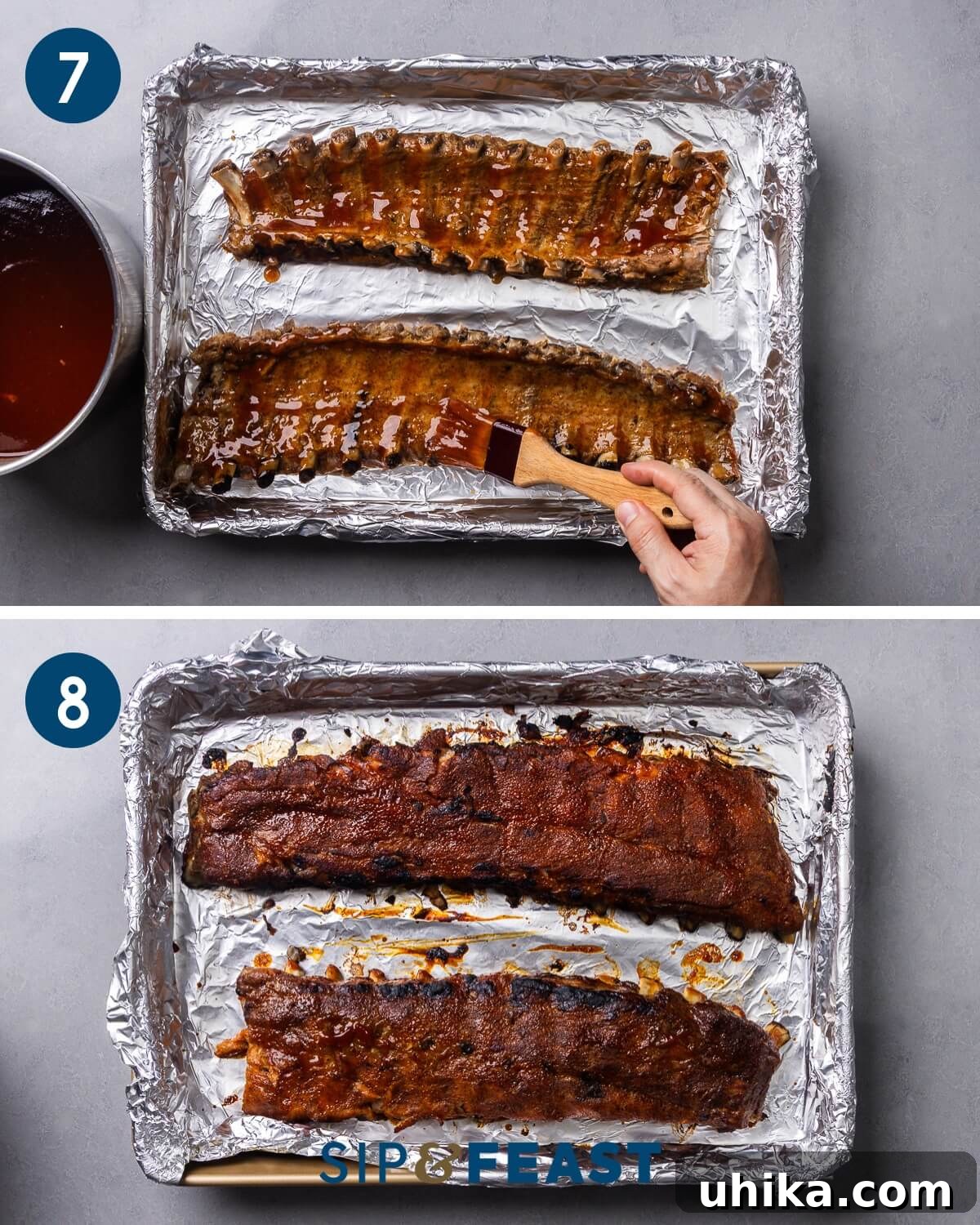 Succulent Oven Ribs with Scratch-Made BBQ 8 Recipe collage four showing basting the bbq sauce onto the oven-baked ribs and the finished dish, ready to be served.