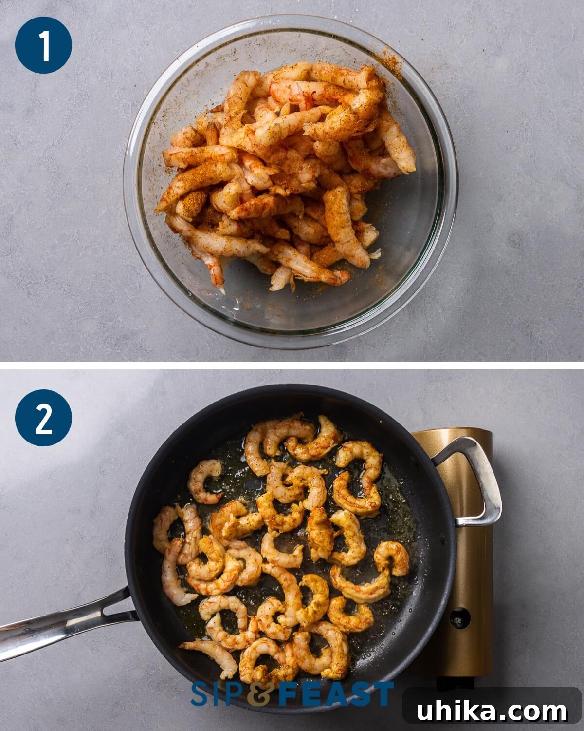 Effortless Old Bay Shrimp Capellini for Summer 5 Old Bay shrimp with capellini recipe process shot collage group one showing seasoning the shrimp in a bowl and searing them in a large pan until pink.