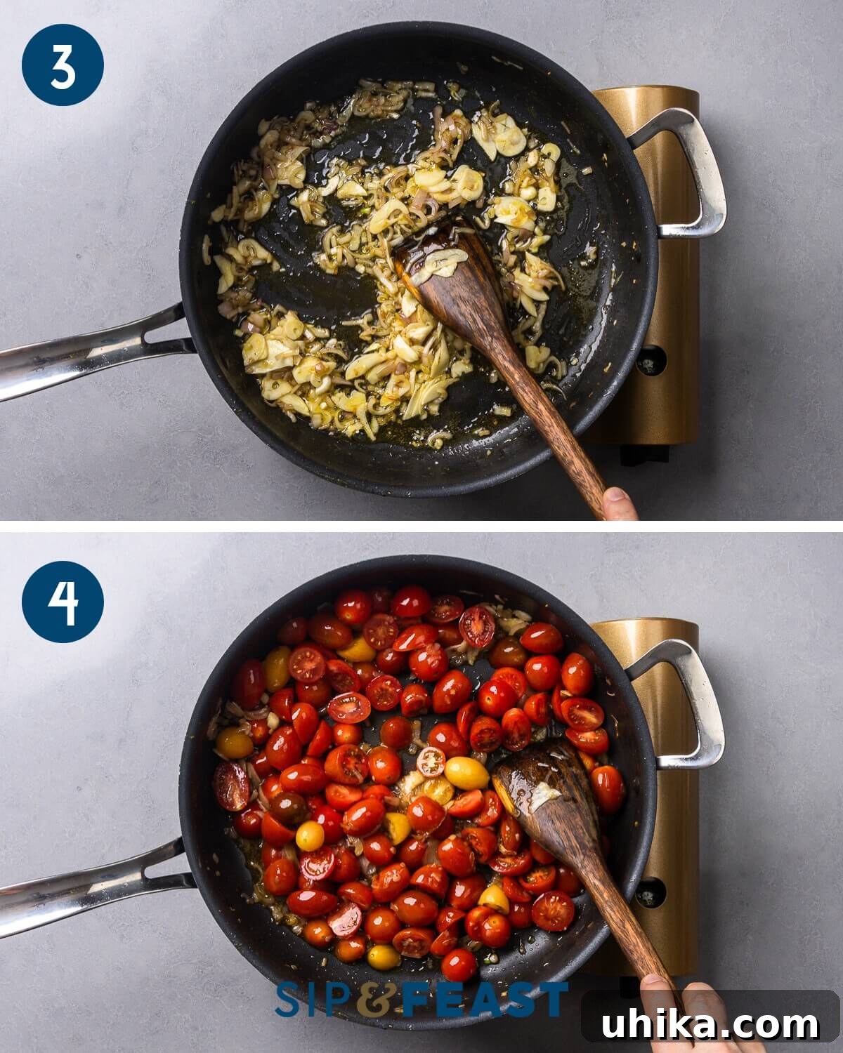 Effortless Old Bay Shrimp Capellini for Summer 6 Recipe collage two showing the sautéing of shallots and garlic in a pan, followed by adding halved cherry tomatoes to create the sauce base.