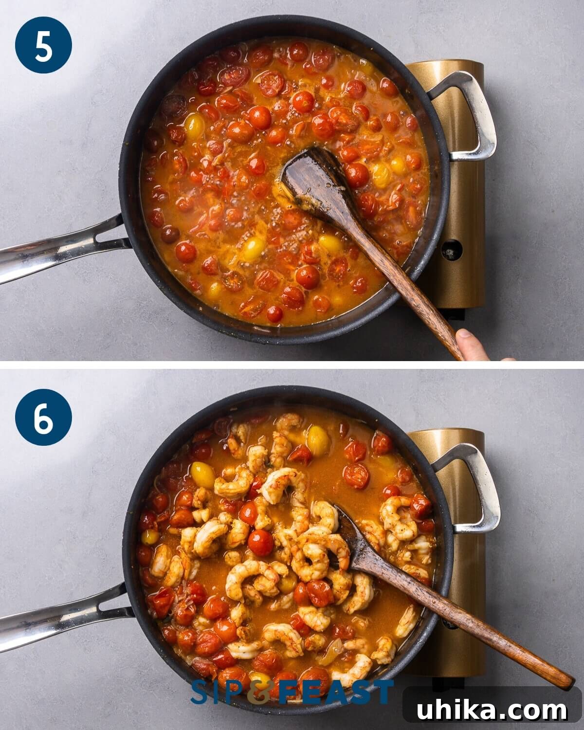 Effortless Old Bay Shrimp Capellini for Summer 7 Recipe collage three illustrating the sauce simmering on the stovetop and the seared shrimp being returned to the pan to warm through.