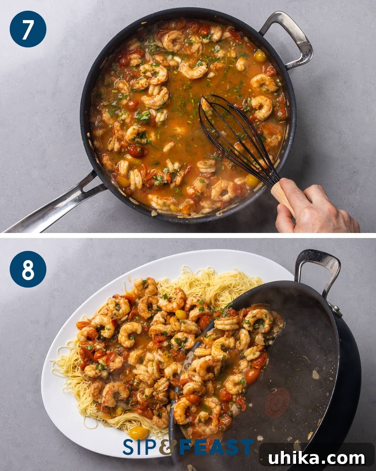 Effortless Old Bay Shrimp Capellini for Summer 8 Recipe collage four demonstrating the technique of whisking in cold butter to finish the sauce, and then pouring the rich shrimp sauce over the prepared capellini pasta on a large serving platter.