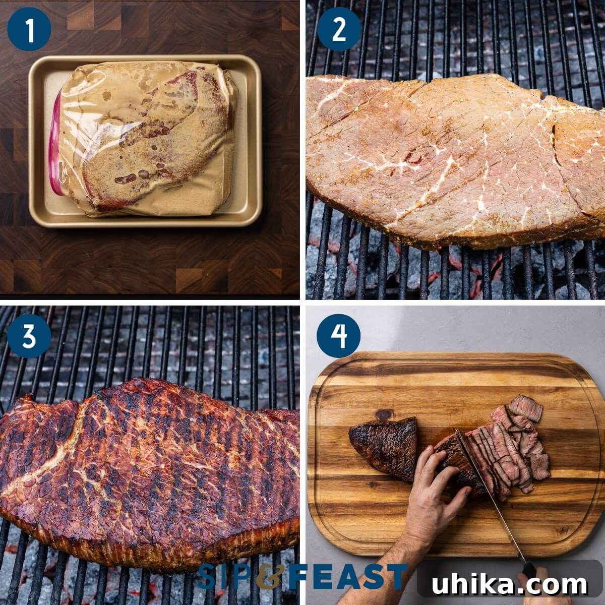 3-Ingredient Magic Marinade for Tender London Broil 5 A collage showing the process of making Marinated London Broil: raw beef marinating in a bag, steak cooking on a hot grill, and thinly sliced cooked steak on a cutting board.