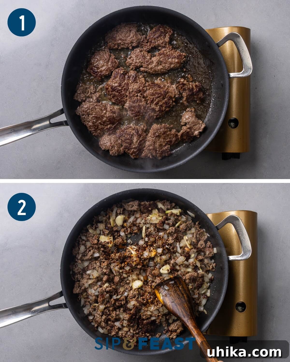 Creamy Beef and Shells Skillet Dinner 5 Process shot showing ground beef browning in a pan and then onions and garlic being added to the pan.