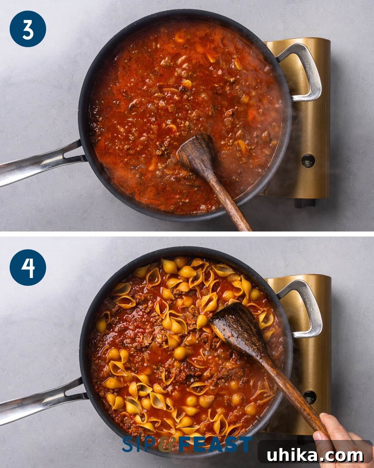 Creamy Beef and Shells Skillet Dinner 6 Process shot showing tomatoes and beef stock added to the pan, followed by shell pasta being added to the simmering sauce.