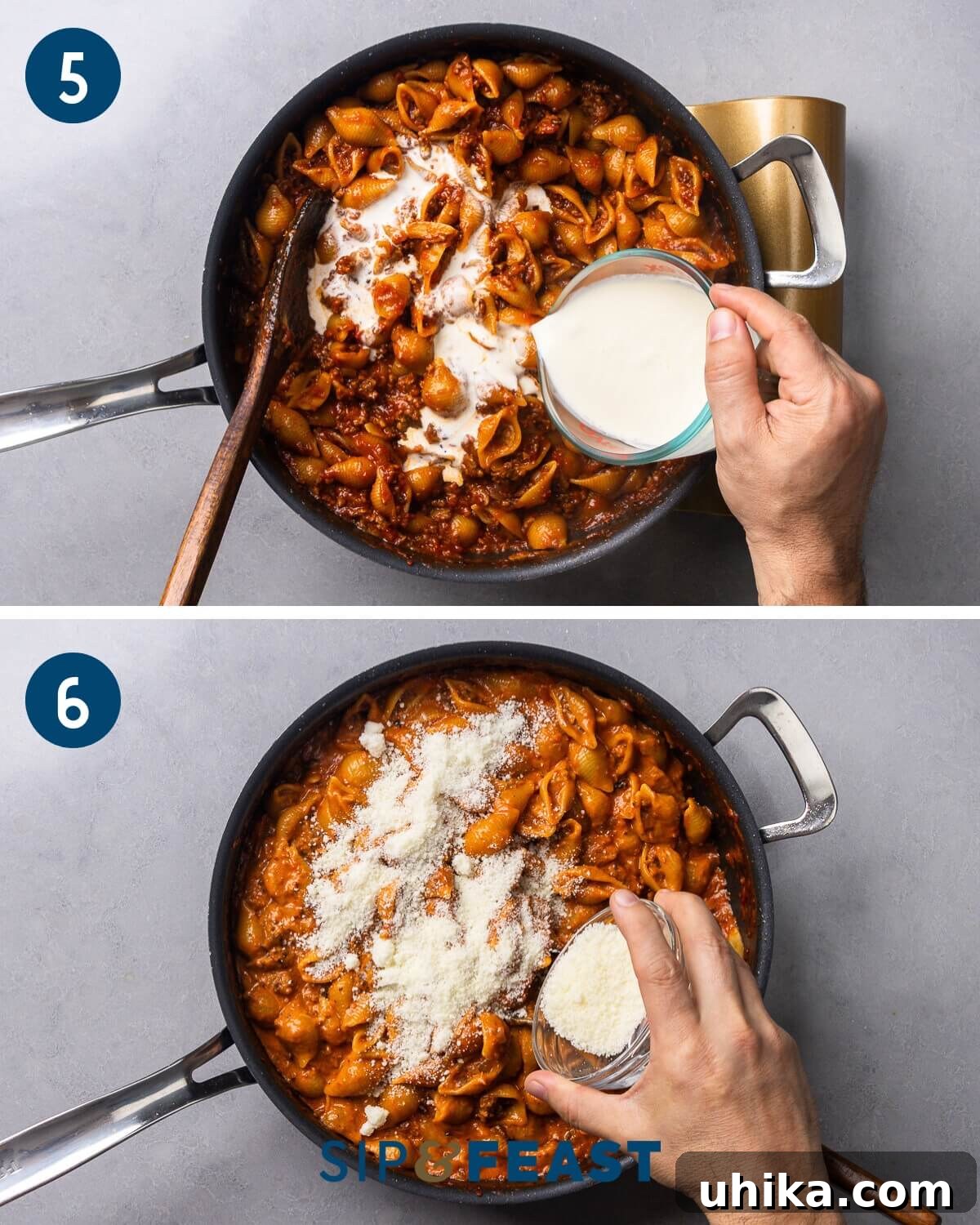 Creamy Beef and Shells Skillet Dinner 7 Process shot showing heavy cream being stirred into the pasta, and then the finished creamy beef and shells garnished with Pecorino Romano and basil.