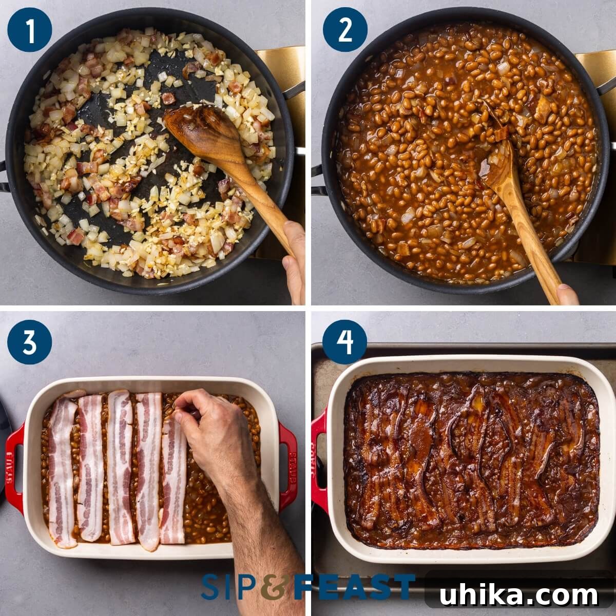 Our Signature Summer Baked Beans 5 A four-panel recipe process collage showing chopped bacon frying with onions, beans and sauce being mixed in, strips of bacon being placed on top, and the finished baked beans in a casserole dish.