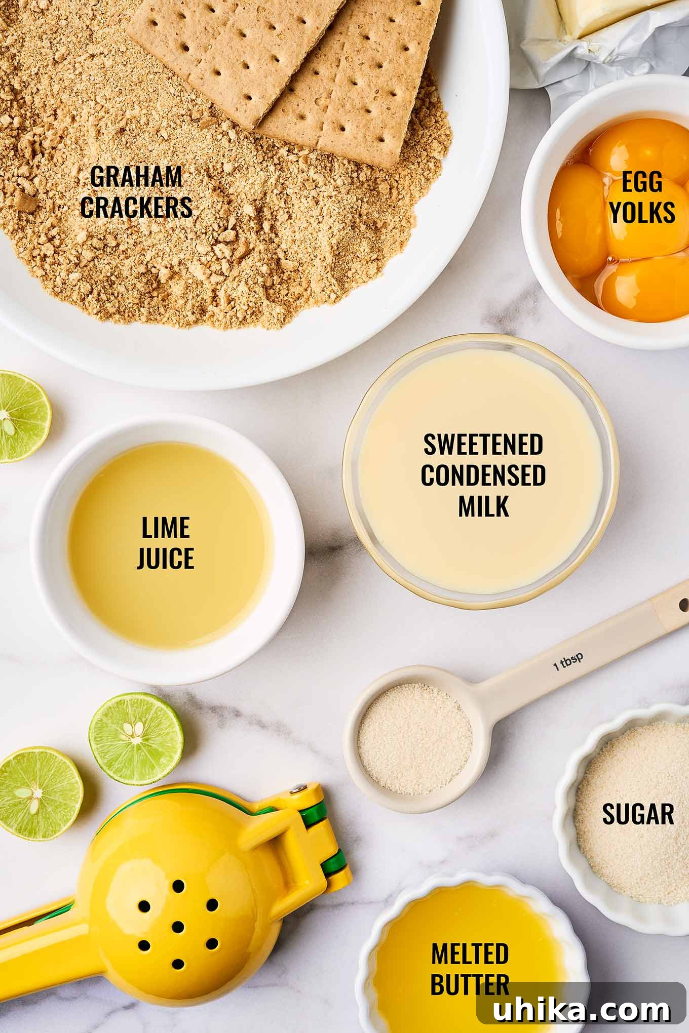 Florida's Zesty Key Lime Masterpiece 3 Ingredients for Florida key lime pie including crushed graham crackers, melted butter, egg yolks, sweetened condensed milk, sugar and fresh squeezed key lime juice.