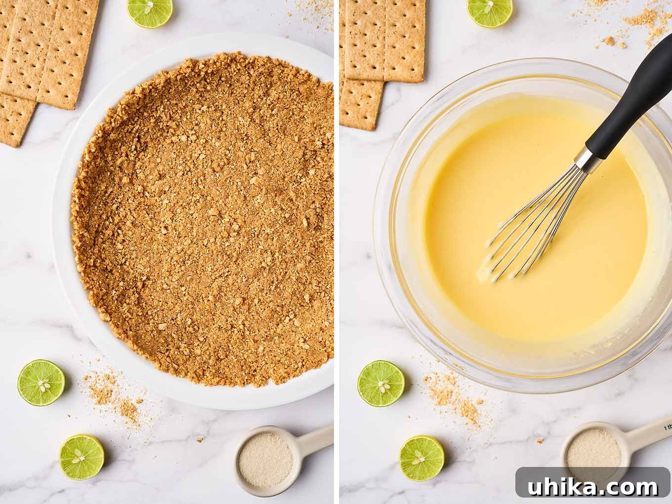 Florida's Zesty Key Lime Masterpiece 4 Two prep photos for Key lime pie, graham cracker crust ready to be baked (left), filling of sweetened condensed milk, lime juice and egg yolks (right).
