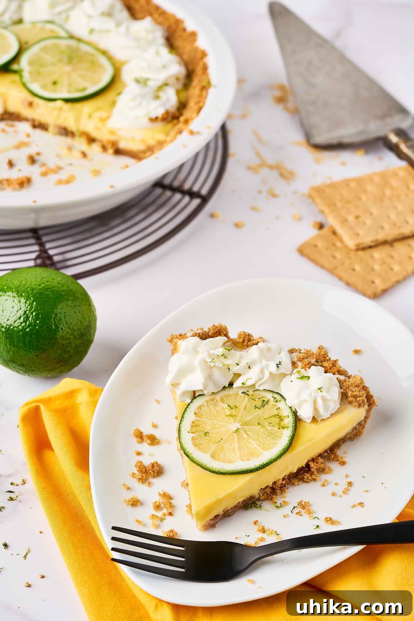 Florida's Zesty Key Lime Masterpiece 6 A white dessert plate with a single slice of key lime pie and a black fork with the remaining pie and a pie server in the background.