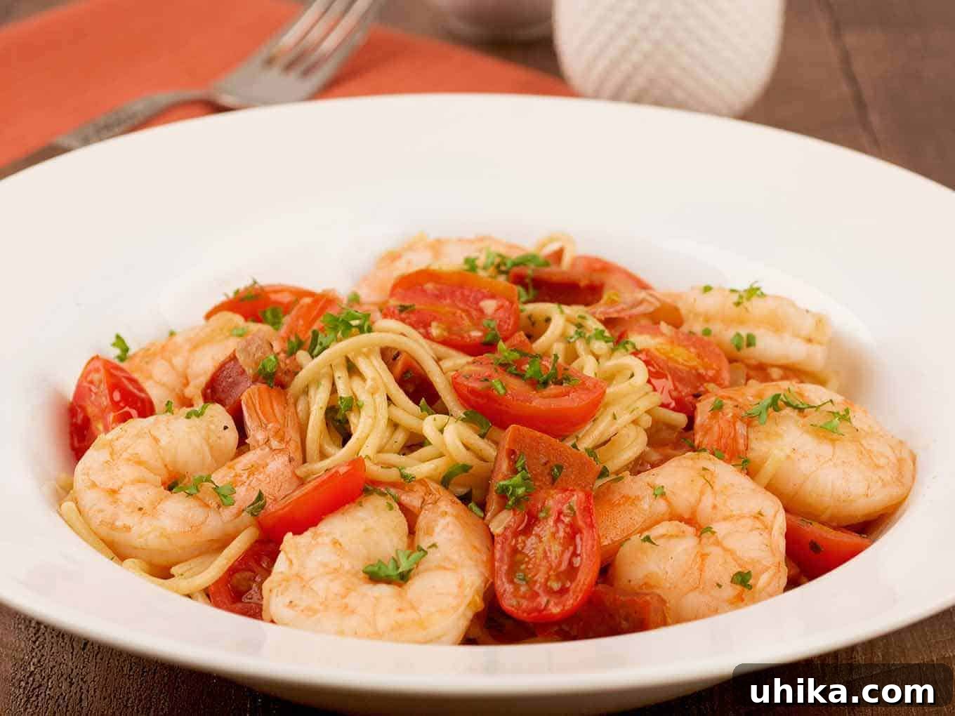 Smoky Chorizo and Shrimp Spaghetti 3 A closeup view of Spanish-style spaghetti with chorizo, garlic, onion, shrimp simmered in sherry, grape tomatoes, and parsley garnish.