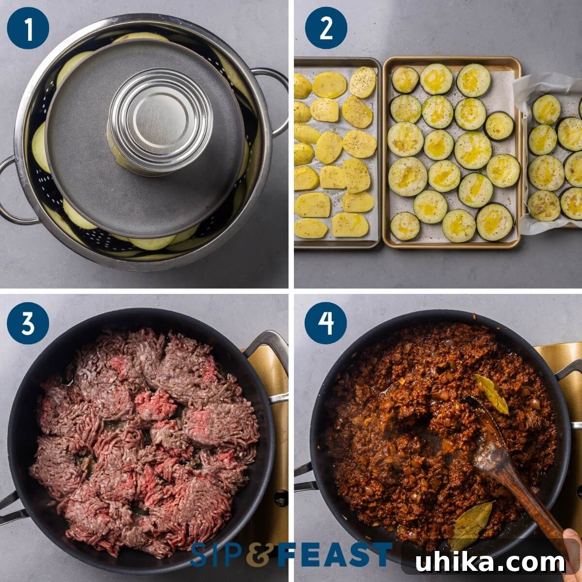 Greek Moussaka The Classic Eggplant and Beef Bake 5 A collage showing the initial steps of making Moussaka: salting the eggplant to remove moisture, neatly arranging potato and eggplant slices on a baking sheet for roasting, browning ground beef in a pan, and preparing the rich meat sauce.