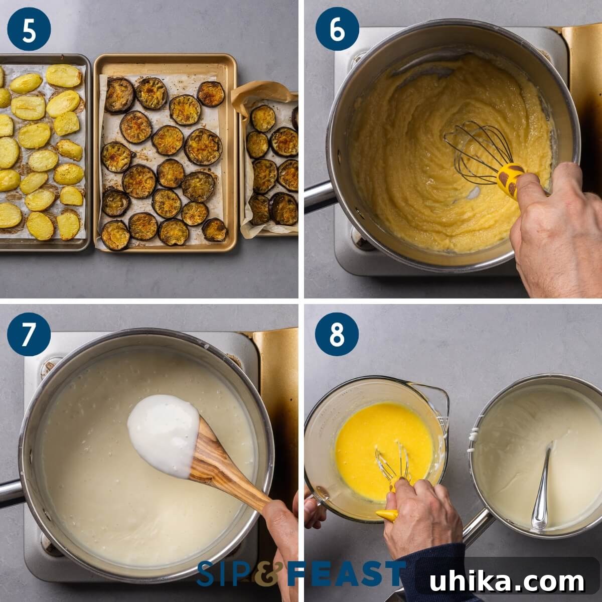 Greek Moussaka The Classic Eggplant and Beef Bake 6 A second Moussaka recipe process collage, showcasing the perfectly roasted potatoes and eggplant slices, the preparation of the creamy béchamel sauce, and the careful tempering of eggs to be incorporated into the sauce.