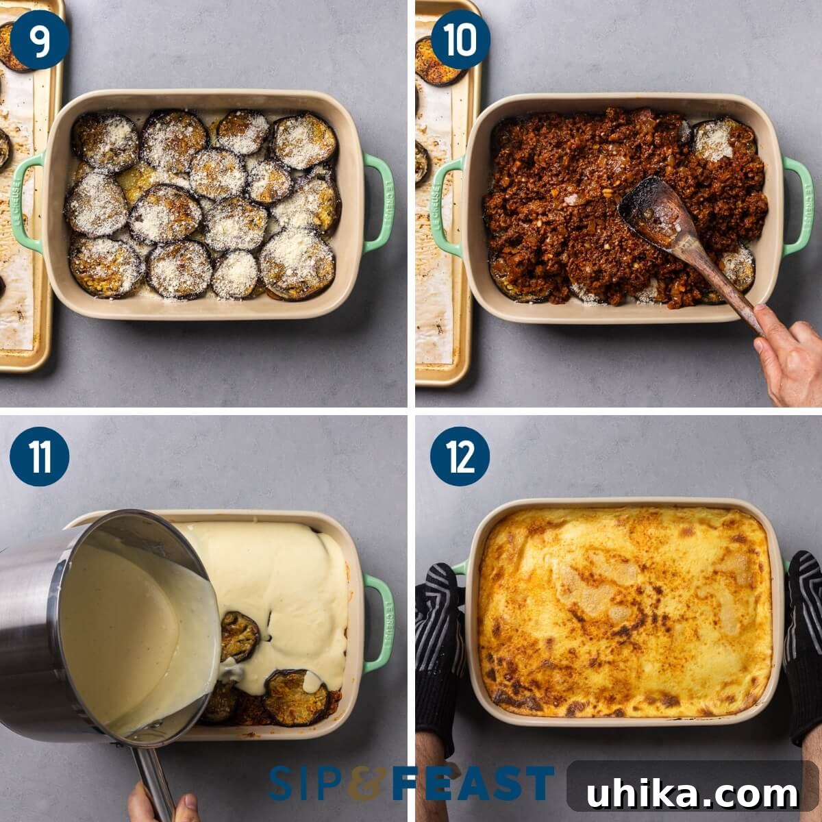 Greek Moussaka The Classic Eggplant and Beef Bake 7 The final Moussaka assembly stages: layering roasted potatoes and eggplant in a baking dish, spreading the rich meat sauce, pouring the creamy béchamel, and the beautifully baked Moussaka, ready to be served.