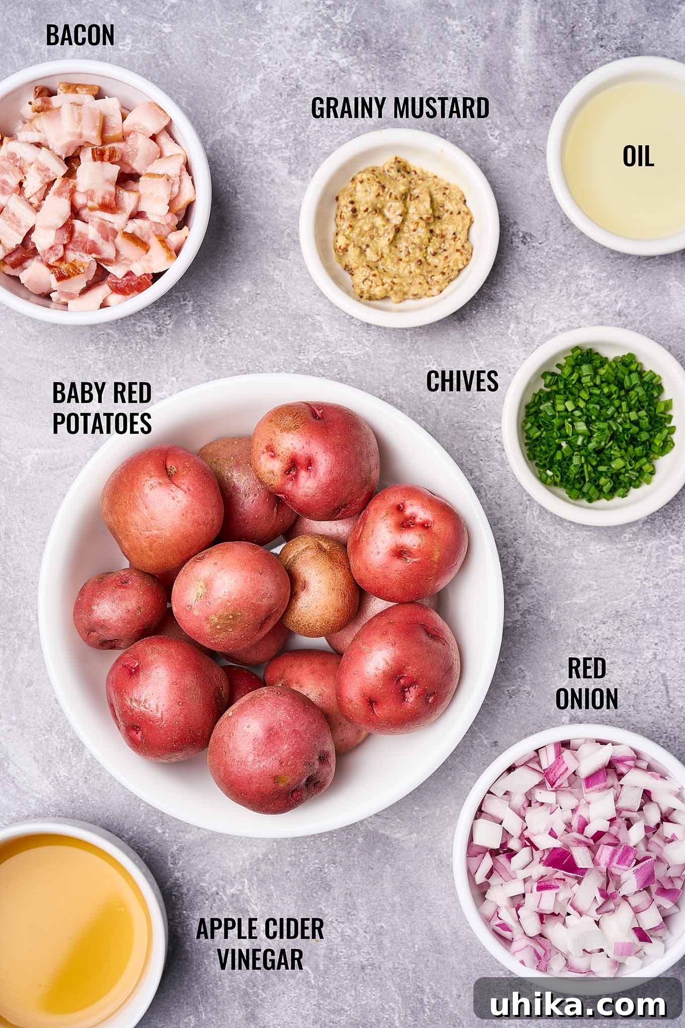 Hot Bacon Potato Salad 3 A labeled, overhead view of the ingredients need to make German potato salad including baby red potatoes, red onion, vinegar, chives, bacon, and mustard.