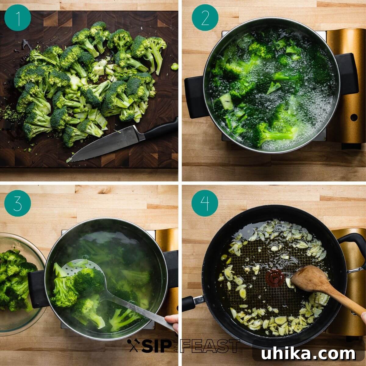 Creamy Broccoli Pasta 4 Collage of three process shots showing broccoli being blanched, garlic and chili flakes sautéing in olive oil, and tender broccoli added to the pan.