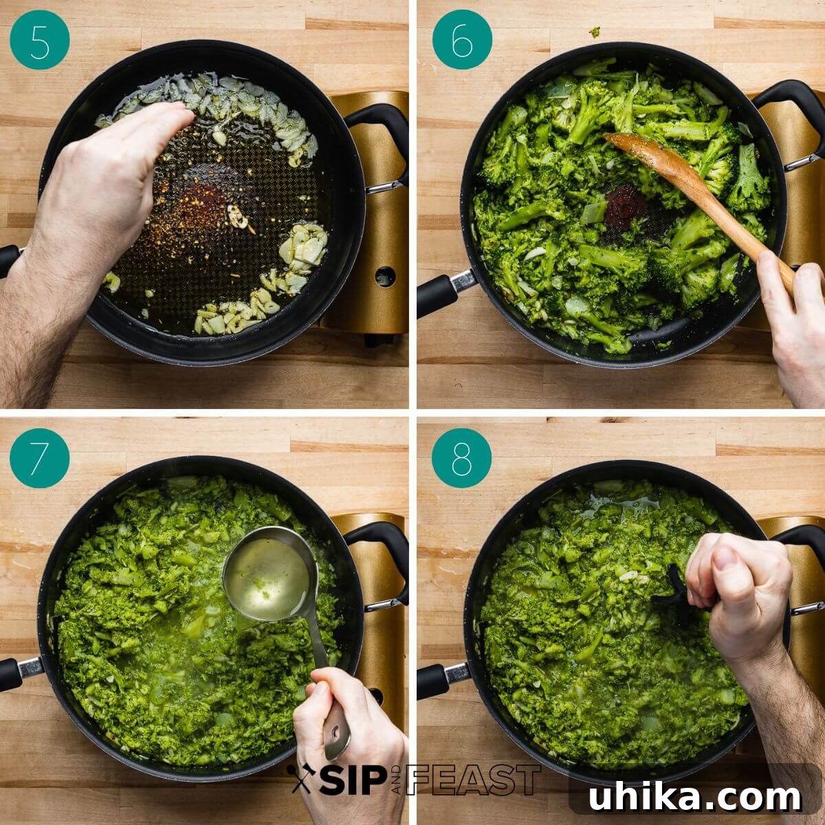Creamy Broccoli Pasta 5 Collage of three process shots: spaghetti cooking in boiling water, pasta water being added to the broccoli sauce, and broccoli being mashed for a creamier texture.