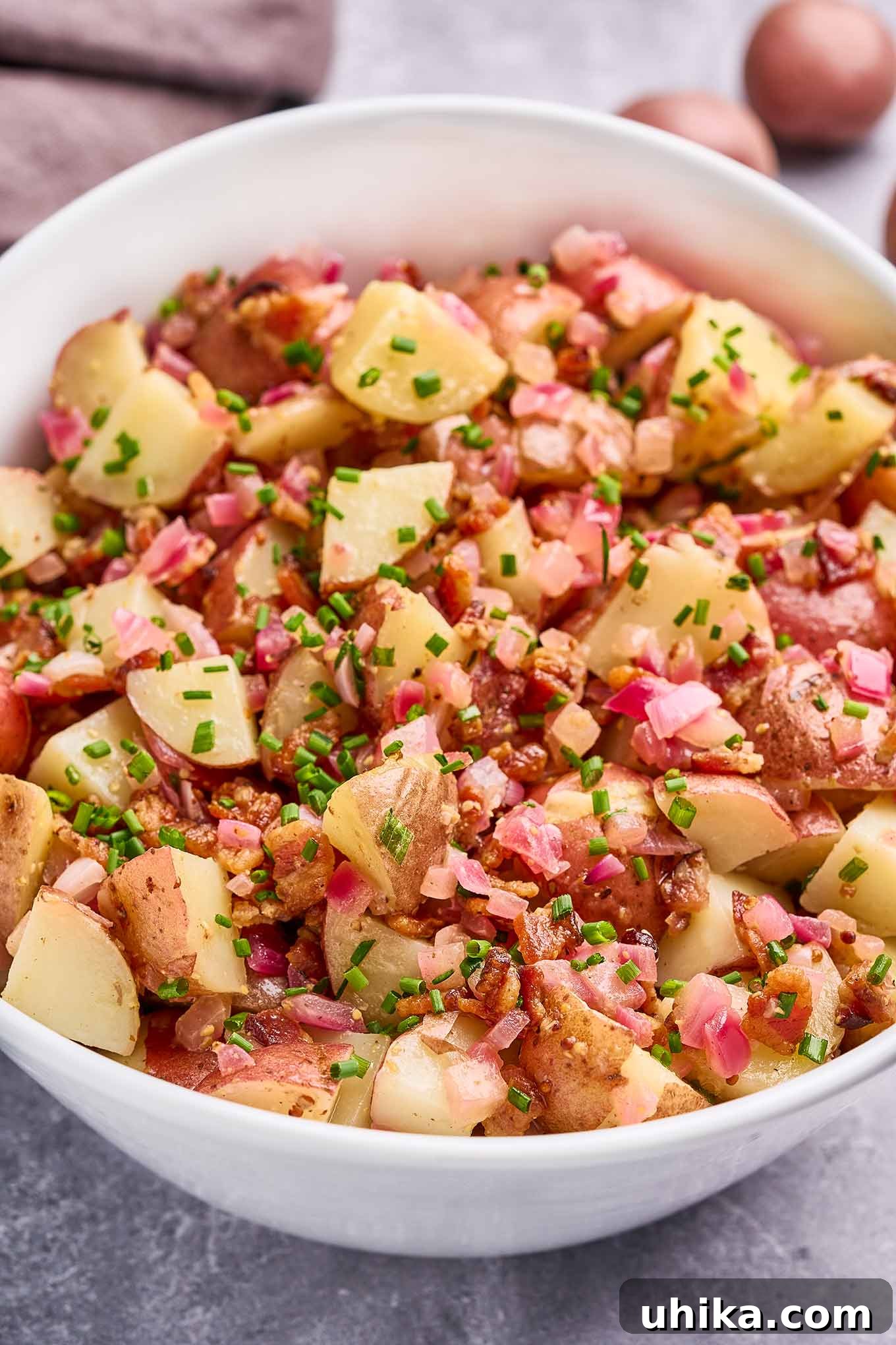 Hot Bacon Potato Salad 5 A white oval serving bowl filled with warm German potato salad on a gray concrete surface.