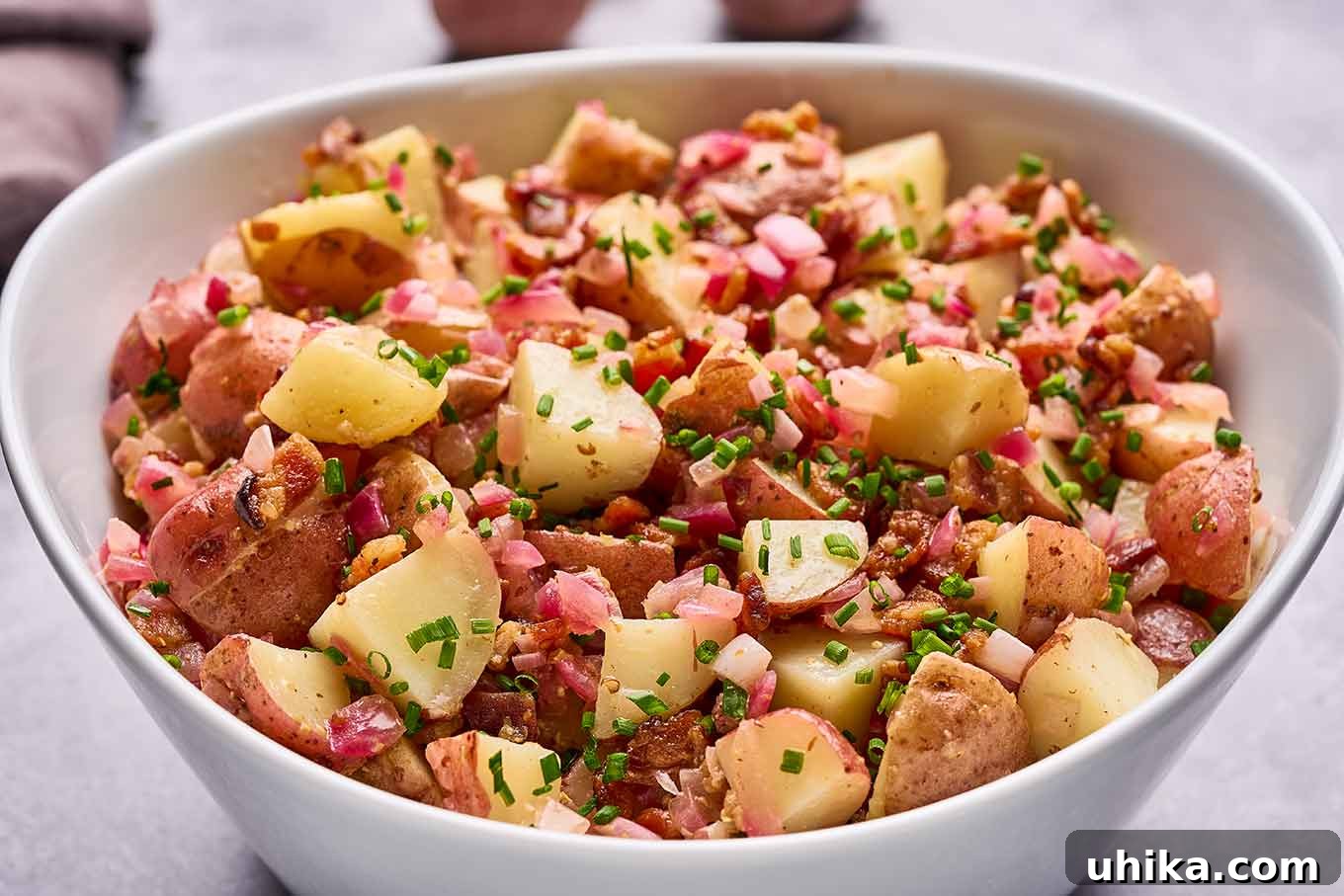 Hot Bacon Potato Salad 6 A bowl of German potato salad made with chunks of baby red-skinned potatoes, bacon bits, red onion, chives, and warm bacon dressing.