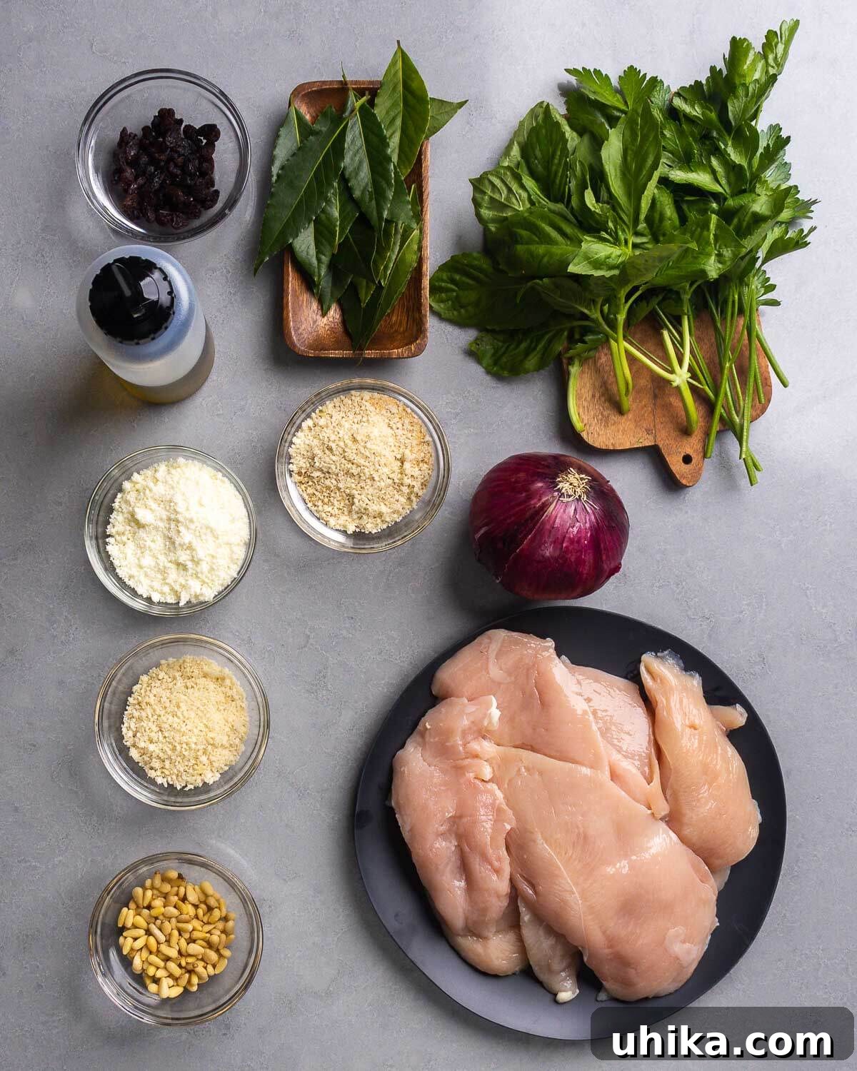 Sicilian Grilled Chicken Spiedini 4 A flat lay photograph showcasing all the fresh ingredients for Chicken Spiedini: vibrant green basil and parsley, golden panko breadcrumbs, purple red onion, toasted pine nuts, dark raisins, fresh bay leaves, creamy Pecorino Romano cheese, and raw chicken cutlets.