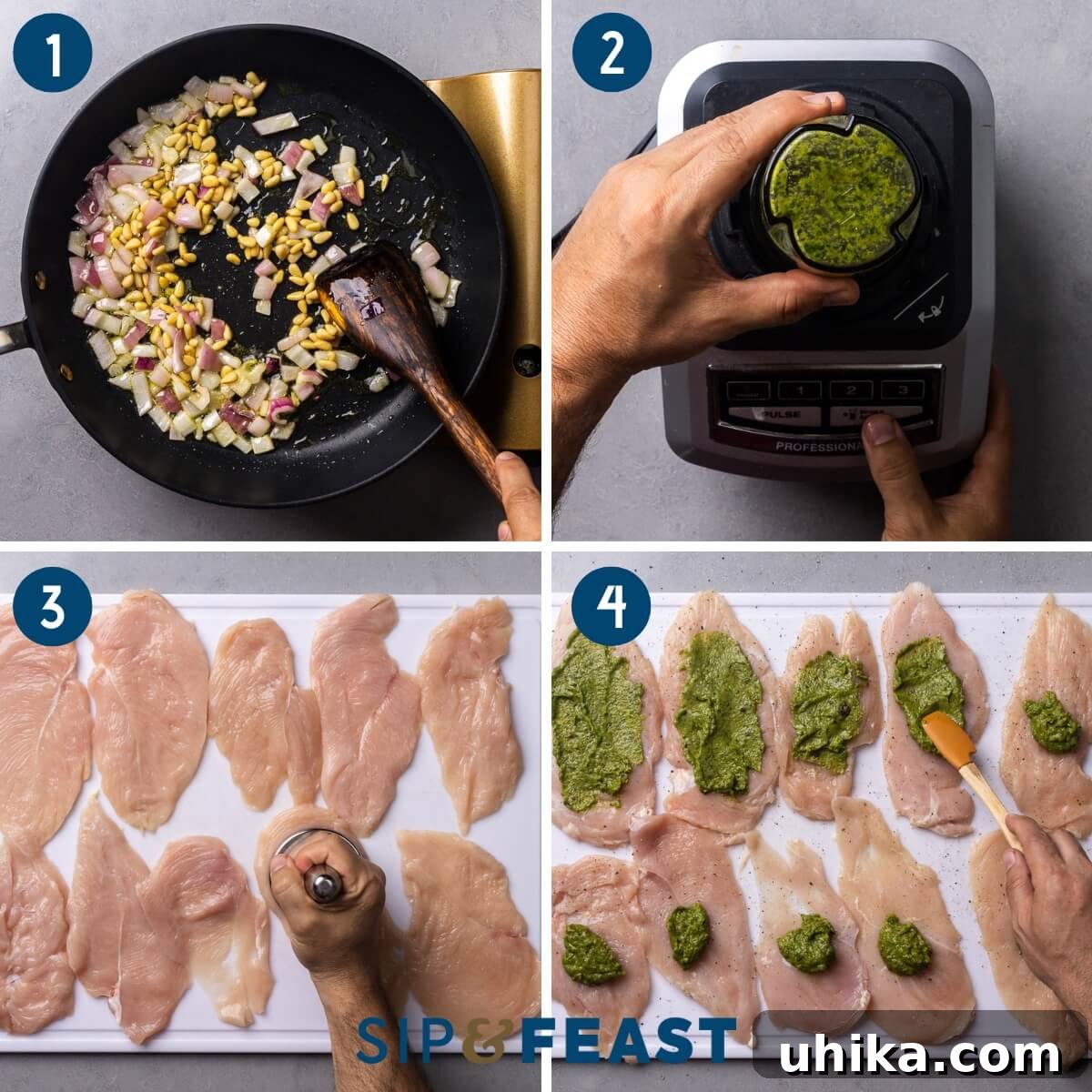 Sicilian Grilled Chicken Spiedini 5 Recipe process shot collage showing the initial steps for making Chicken Spiedini: sautéing onions and pine nuts, blending the pesto-like filling, flattening chicken cutlets with a mallet, and evenly spreading the prepared filling onto the chicken pieces.