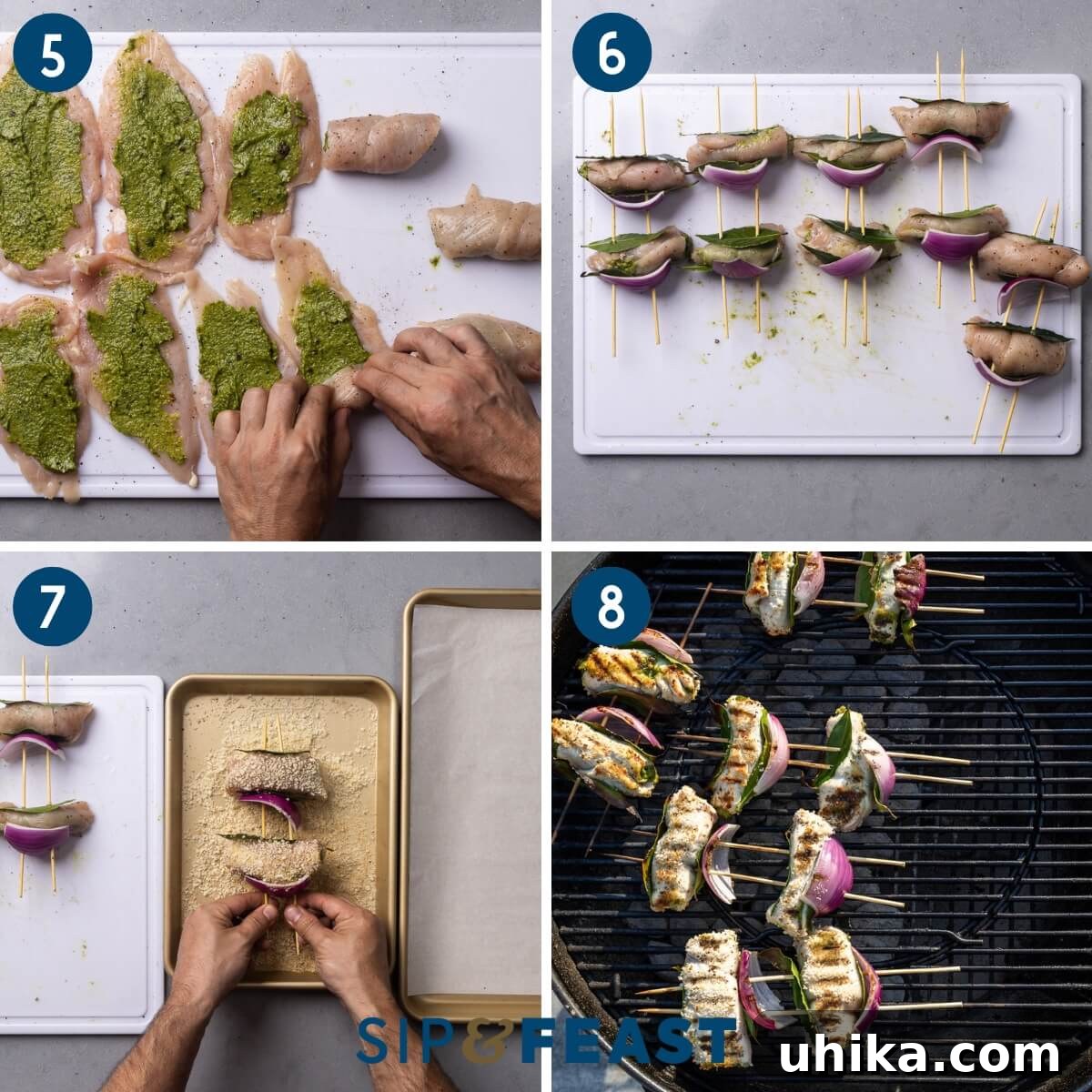 Sicilian Grilled Chicken Spiedini 6 Recipe process shot collage displaying the final assembly and cooking steps for Chicken Spiedini: tightly rolling the chicken with filling, skewering the rolls with bay leaves and red onion, dredging the assembled skewers in panko breadcrumbs, and grilling the spiedini to a golden crisp perfection.