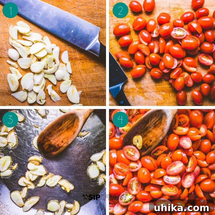 A collage showing the first steps of making cherry tomato pasta: boiling pasta, slicing garlic, and halving cherry tomatoes.