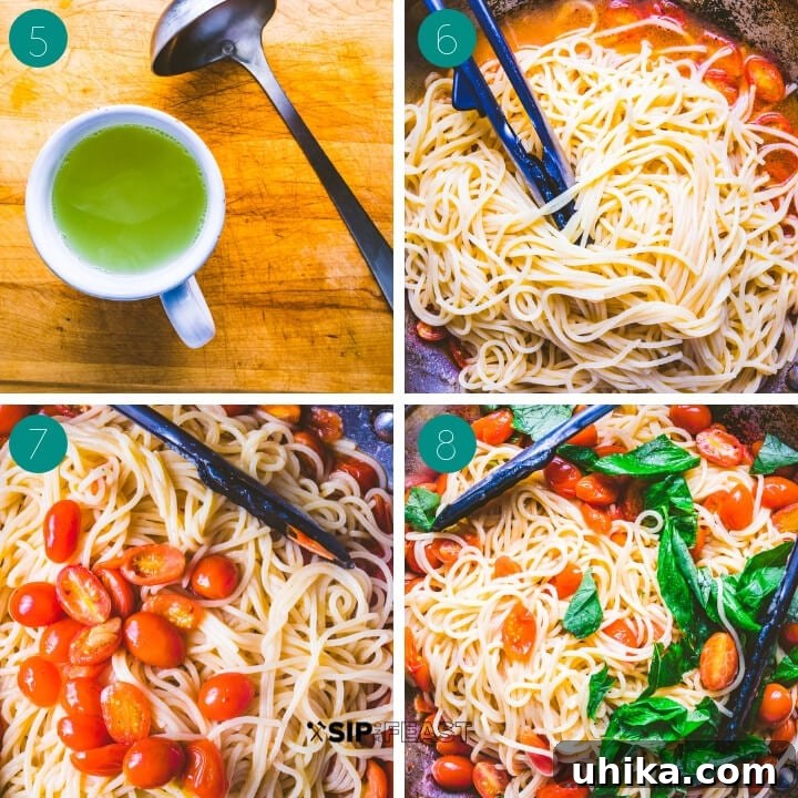 A collage showing the next steps of making cherry tomato pasta: sautéing garlic and tomatoes, adding pasta water, and combining with cooked pasta.