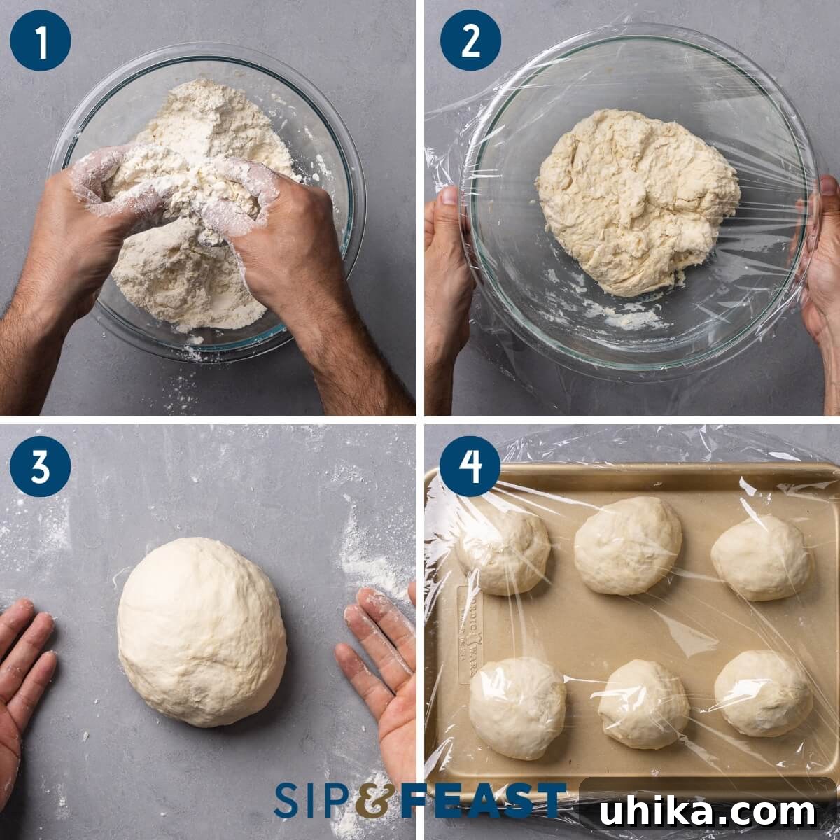 Effortless Pillowy Flatbreads 5 Basic flatbread recipe process collage group one showing mixing flour with lard, covering dough, balling the dough, and turning the dough into 6 small balls.