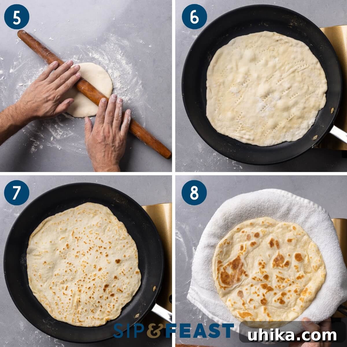 Effortless Pillowy Flatbreads 6 Recipe collage two showing rolling the dough, pan frying the flatbreads, and holding them in a towel.