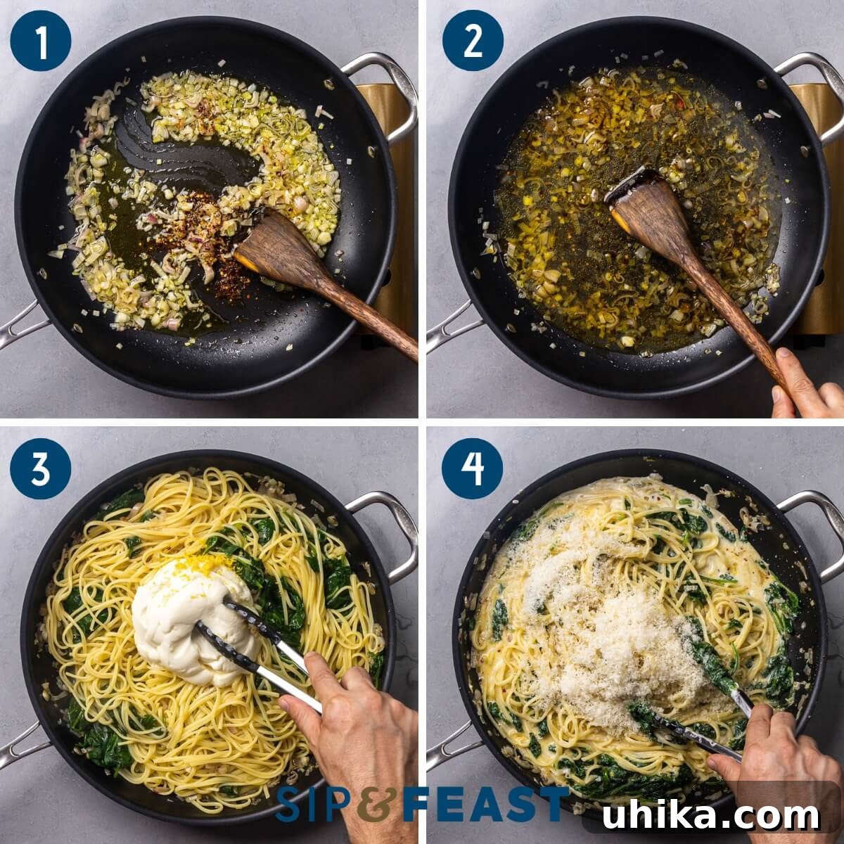 Zesty Lemon Ricotta Spinach Pasta 5 A step-by-step collage demonstrating the making of lemon ricotta spinach pasta: sautéing shallots, adding spinach to pasta, mixing with ricotta and lemon, and folding in parmesan and basil.