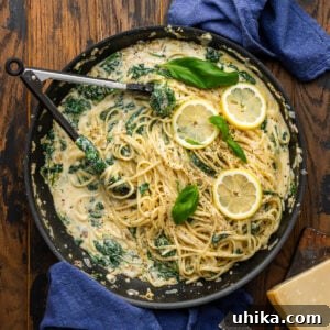 Zesty Lemon Ricotta Spinach Pasta 6 Lemon ricotta spinach pasta in large black pan.