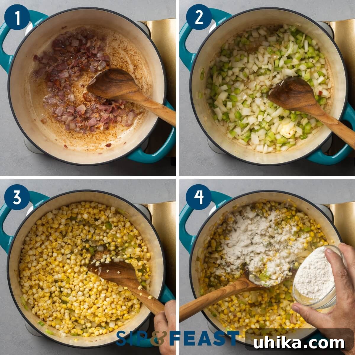 Creamy Golden Corn Chowder 5 A collage showing the initial steps of making corn chowder: cooking bacon, sautéing vegetables, adding corn, and stirring in flour.
