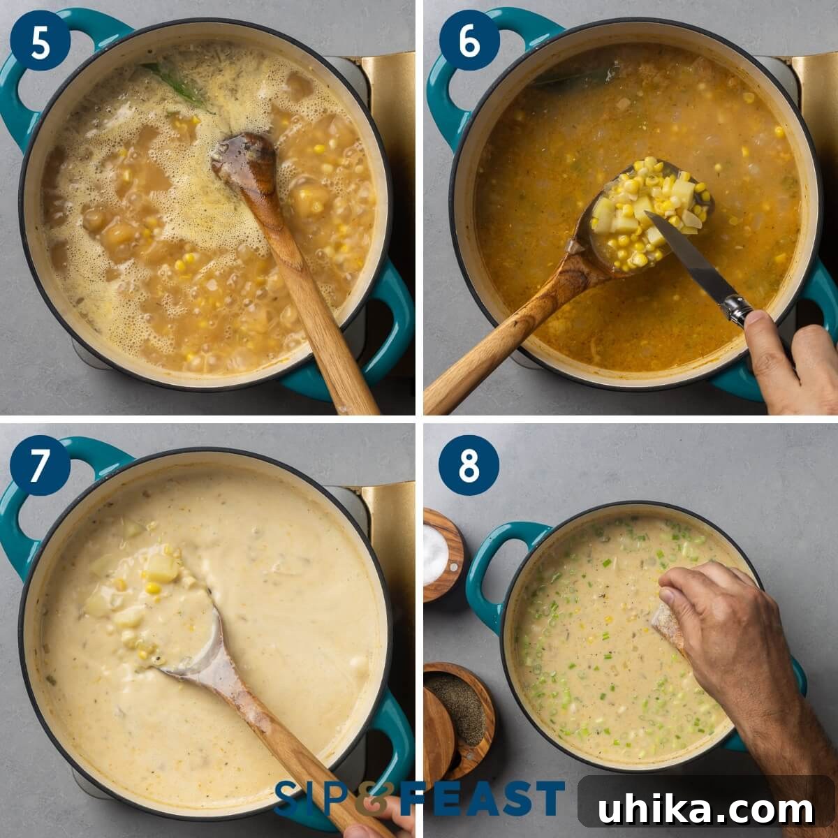 Creamy Golden Corn Chowder 6 A collage demonstrating the latter stages of corn chowder preparation: simmering, checking potatoes, adding cream, and seasoning.