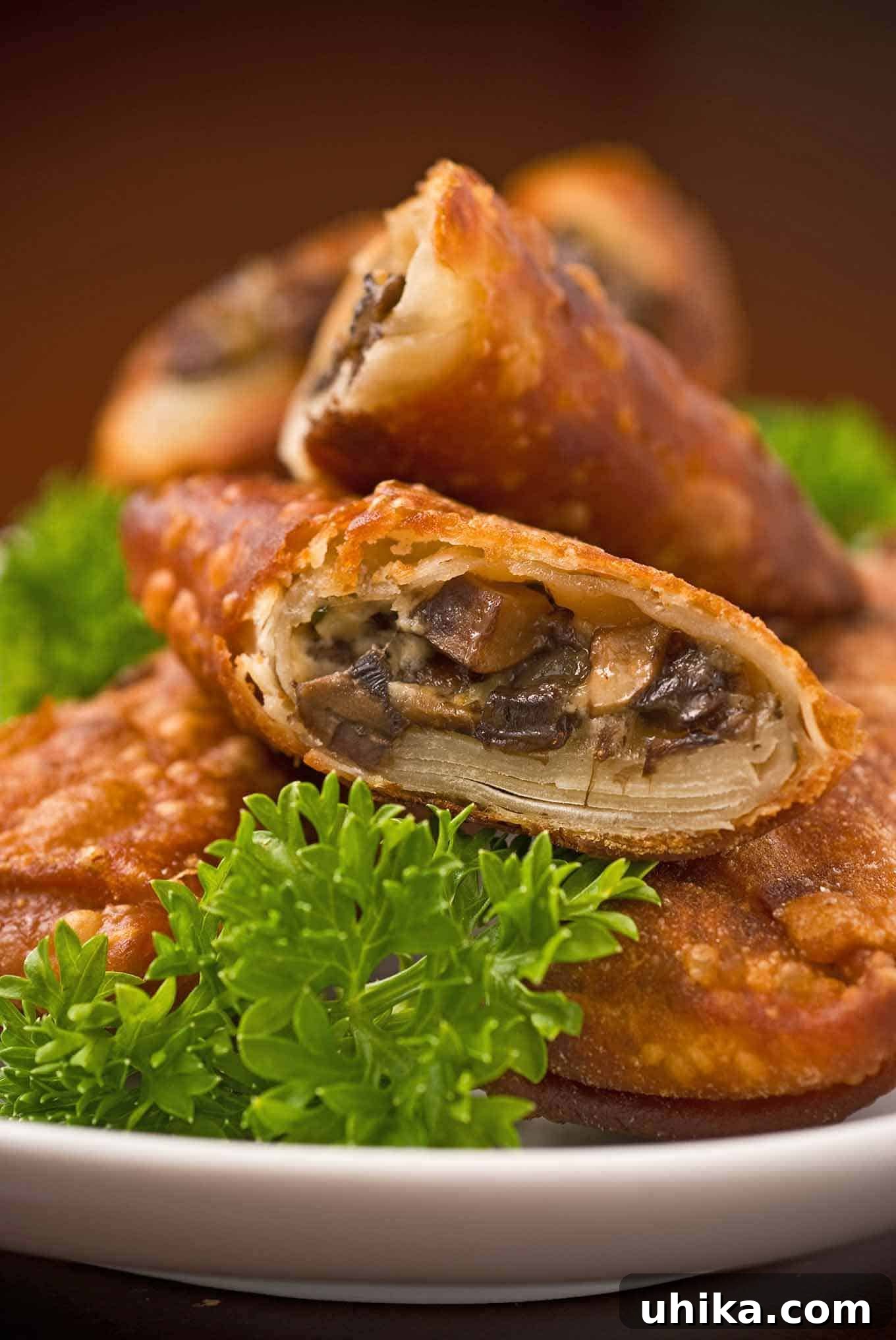 Savory Goat Cheese Mushroom Egg Rolls 2 Mushroom and Goat Cheese Pastry Bites - Golden brown egg rolls with a savory filling