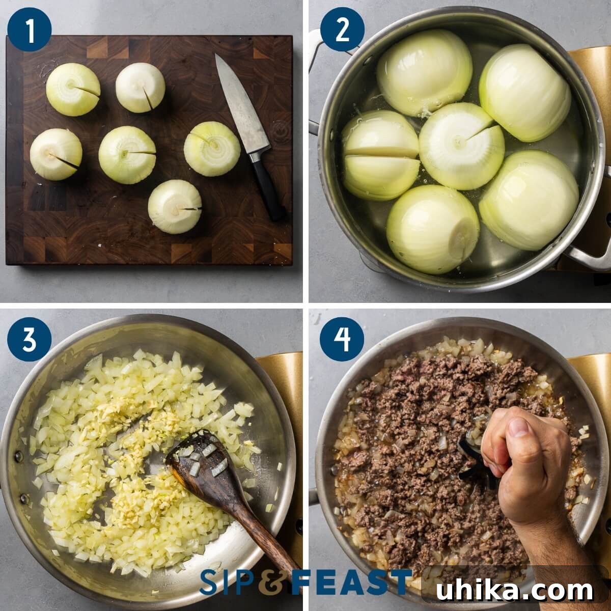 Savory Greek Onion Bake 5 A four-panel collage showing the preparation stages for Greek stuffed onions: cutting a slit in raw onions, onions boiling in water, sautéing diced onions and garlic in a pan, and browning ground beef for the filling.