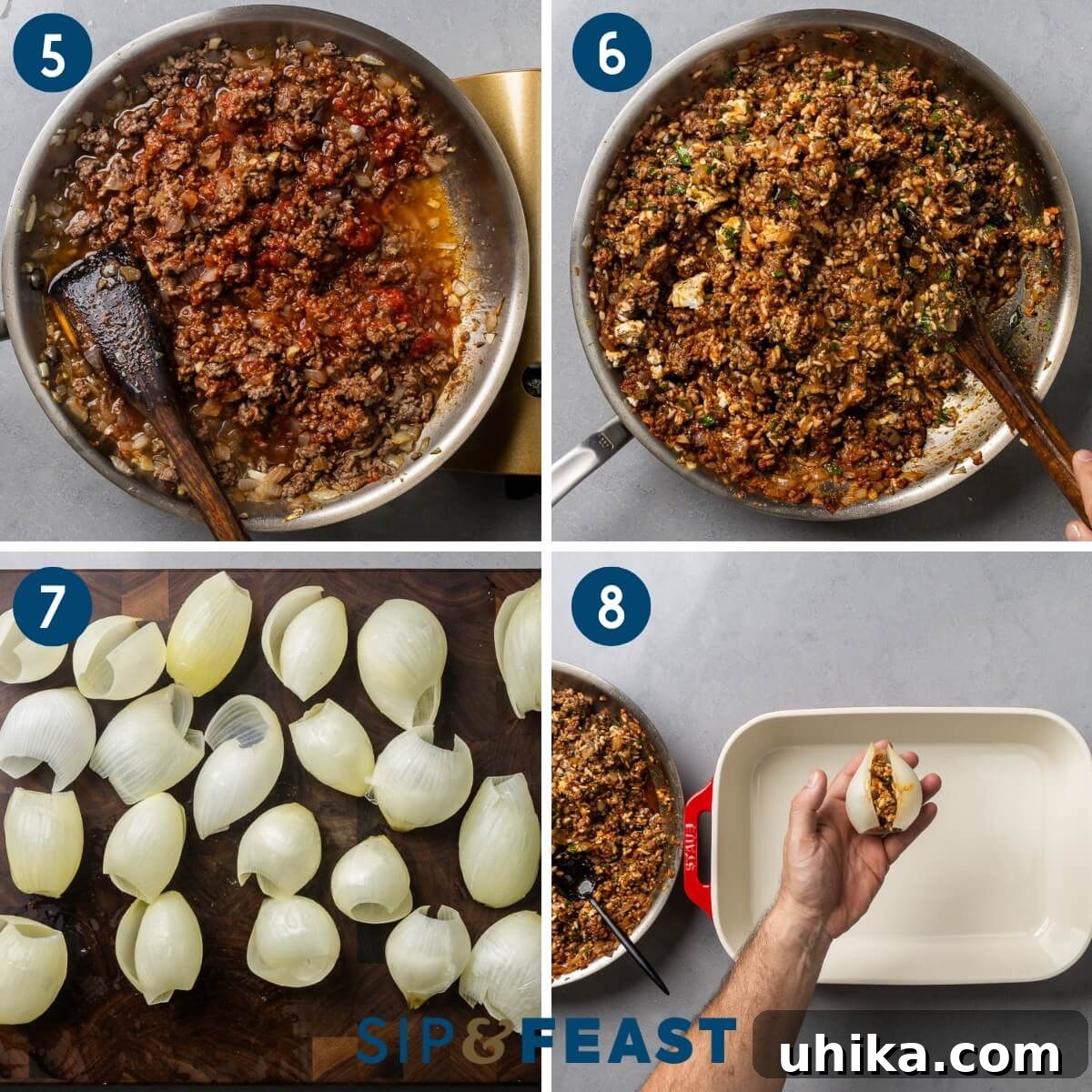 Savory Greek Onion Bake 6 A three-panel collage illustrating the stuffing process for Greek onions: mixing tomatoes and rice into the ground beef filling, arranging individual onion layers on a cutting board, and carefully spooning the filling into an onion layer before rolling.