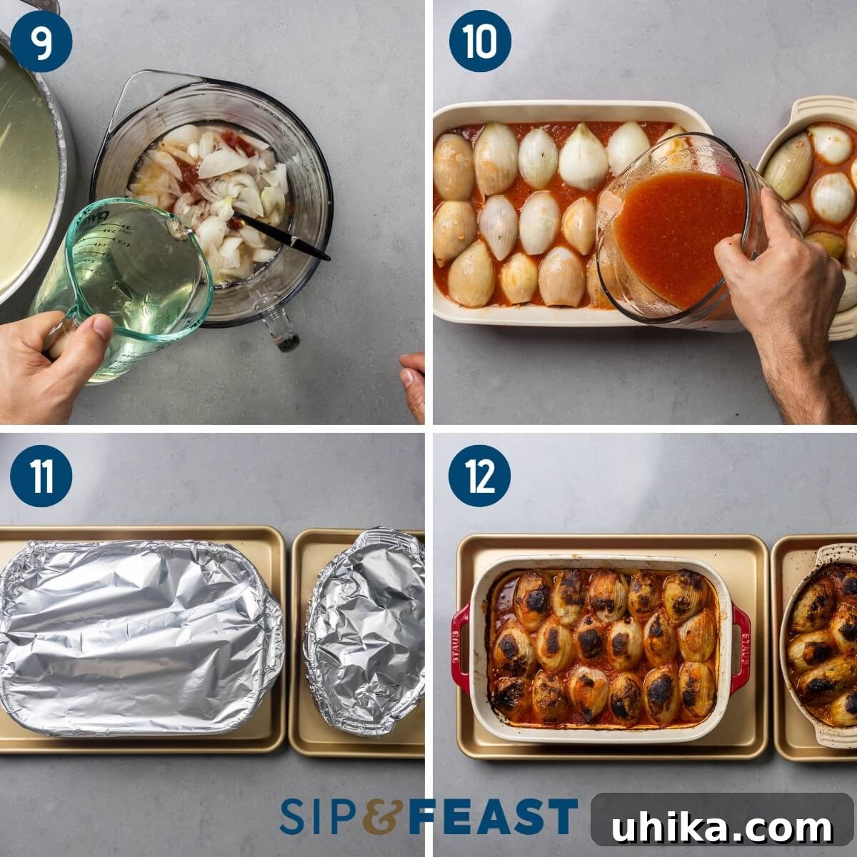 Savory Greek Onion Bake 7 A four-panel collage showing the final steps of making Greek stuffed onions: pureeing the tomato sauce, pouring the sauce over stuffed onions in a baking dish, covering the dish with foil, and the finished, golden-brown baked stuffed onions.