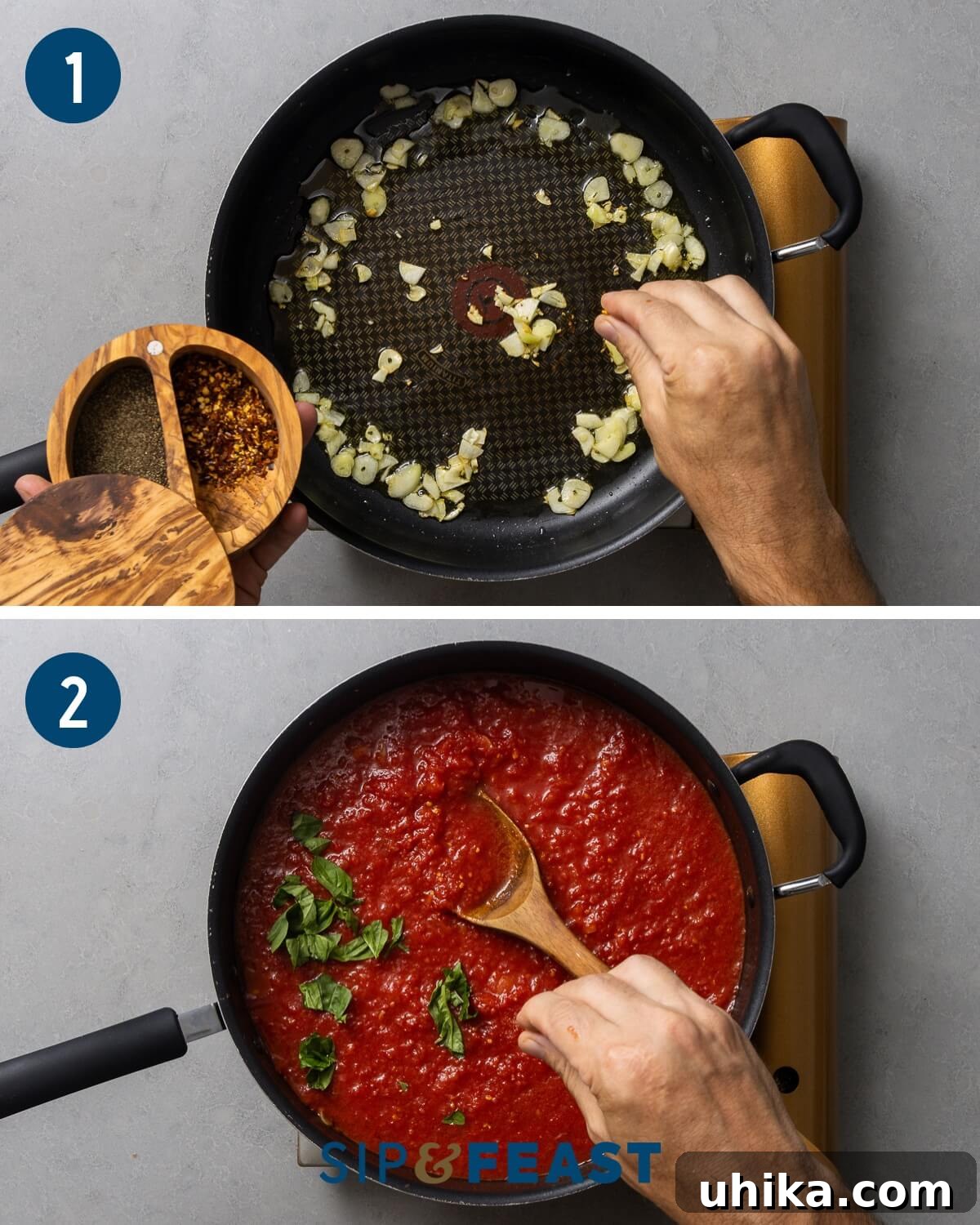 Golden Artichoke Parmesan Bake 5 A collage showing the initial steps of making the marinara sauce: sautéing garlic in olive oil, then adding crushed tomatoes and fresh basil to simmer.