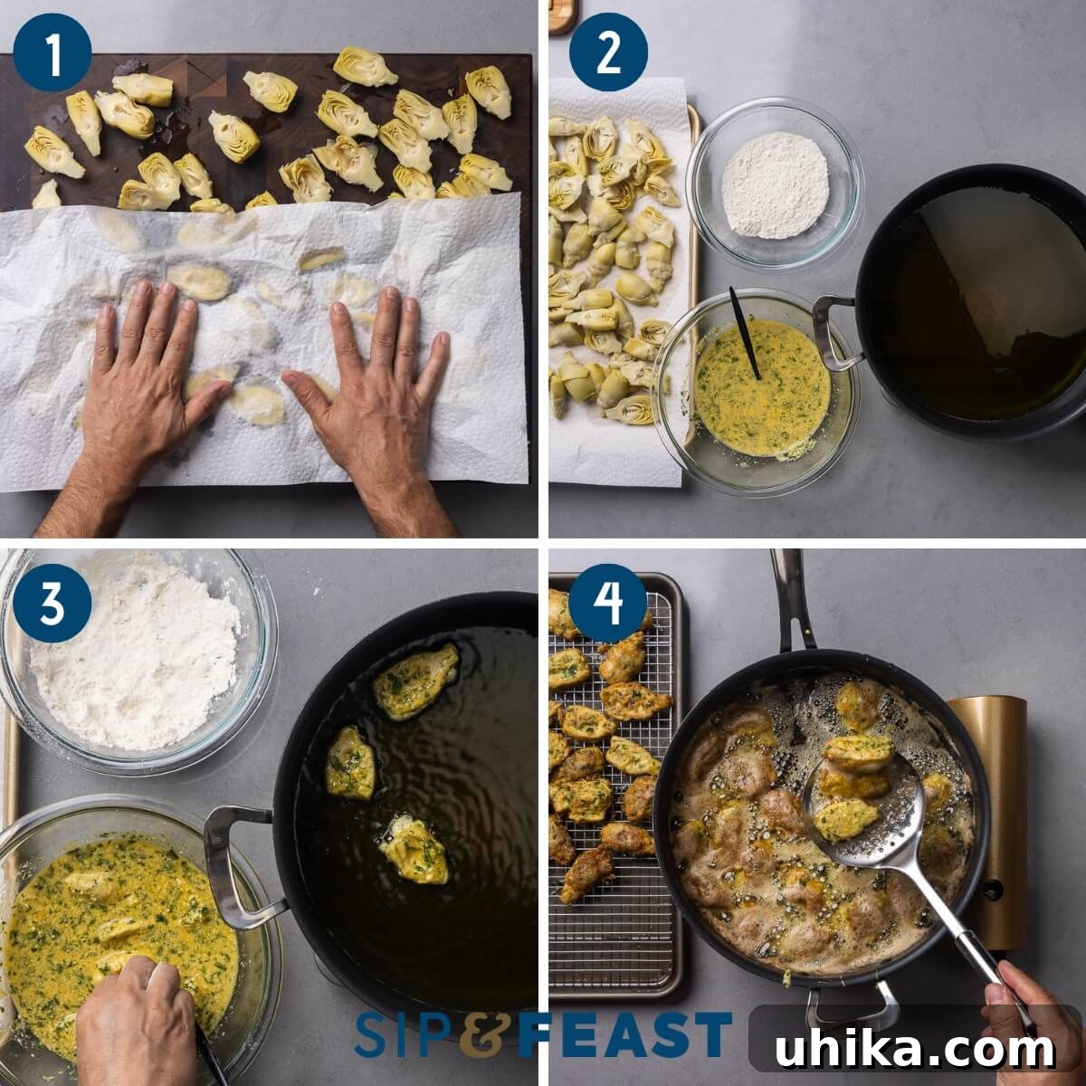 Golden Artichoke Parmesan Bake 6 A sequence of images demonstrating the artichoke preparation: patting hearts dry, setting up flour and egg batter stations, dredging artichokes, and frying them until golden.