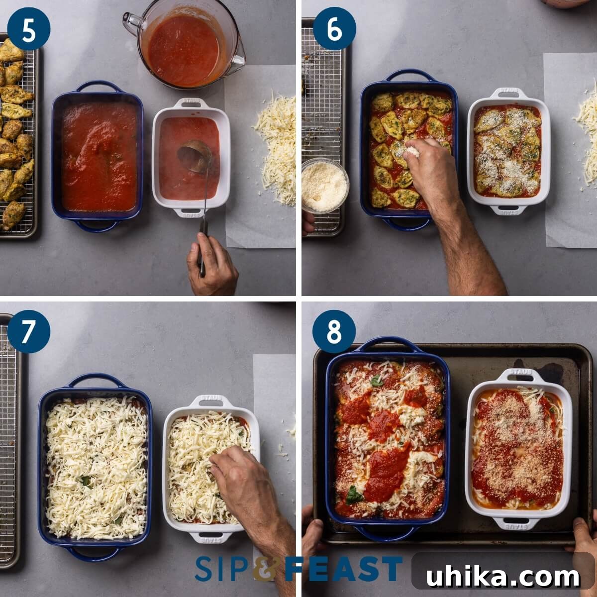 Golden Artichoke Parmesan Bake 7 A visual guide to assembling Artichoke Parmesan: spreading sauce, layering fried artichokes, sprinkling Parmesan, adding mozzarella, and final sauce layer before baking.
