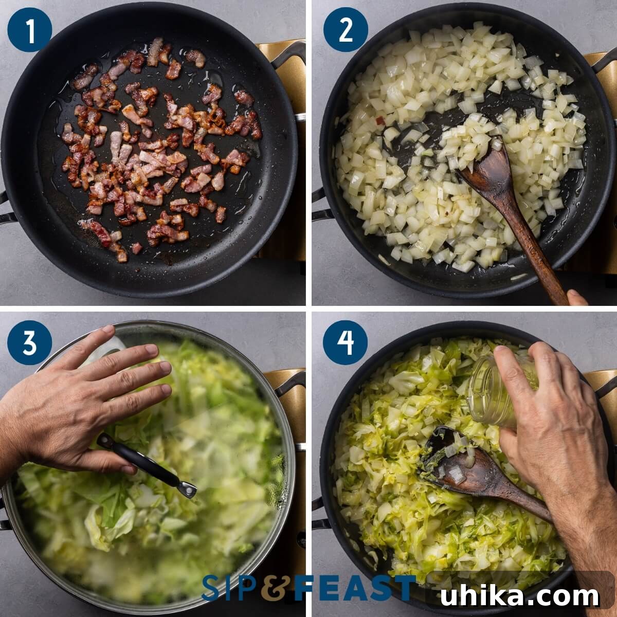 Cooking collage showing steps: crispy bacon in a pan, onions sautéing, cabbage steaming, and white wine being added.
