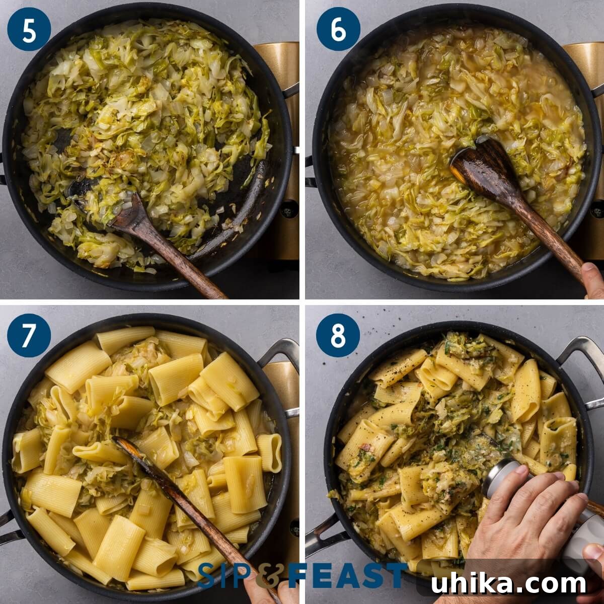 Cooking collage showing steps: adding pasta to the pan with cabbage, tossing pasta with cheese and herbs, and serving the finished dish.