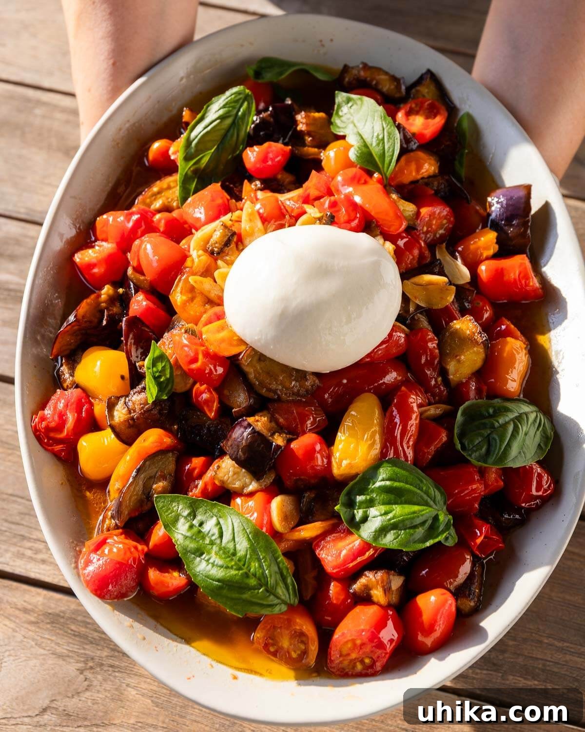 Creamy Burrata with Roasted Eggplant and Sweet Cherry Tomatoes 2 Hands holding platter with cherry tomatoes, fried eggplant, basil, and burrata.