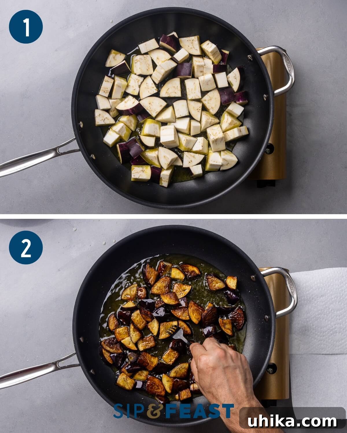 Creamy Burrata with Roasted Eggplant and Sweet Cherry Tomatoes 5 Recipe process shot collage group one showing frying of the eggplant pieces.