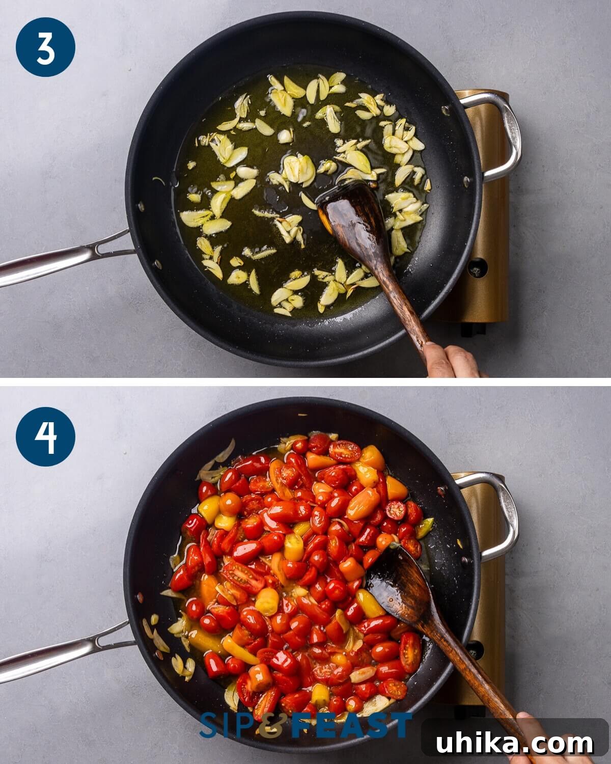 Creamy Burrata with Roasted Eggplant and Sweet Cherry Tomatoes 6 Recipe collage group two showing sauteing of garlic and adding cherry tomatoes to the pan.