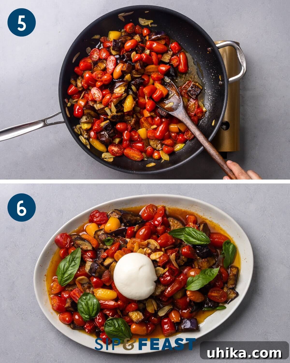 Creamy Burrata with Roasted Eggplant and Sweet Cherry Tomatoes 7 Recipe collage three showing mixing in the fried eggplant and a platter of the finished dish topped with basil and burrata.