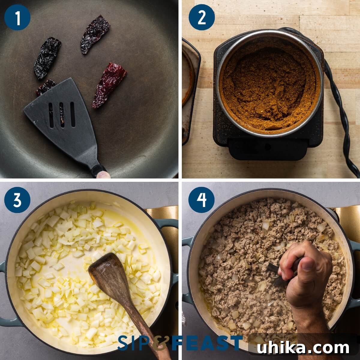 Ultimate Turkey Chili 5 Recipe process shot collage group one showing toasting of chiles, grinding into a powder, sauteing onions, and sauteing ground turkey.