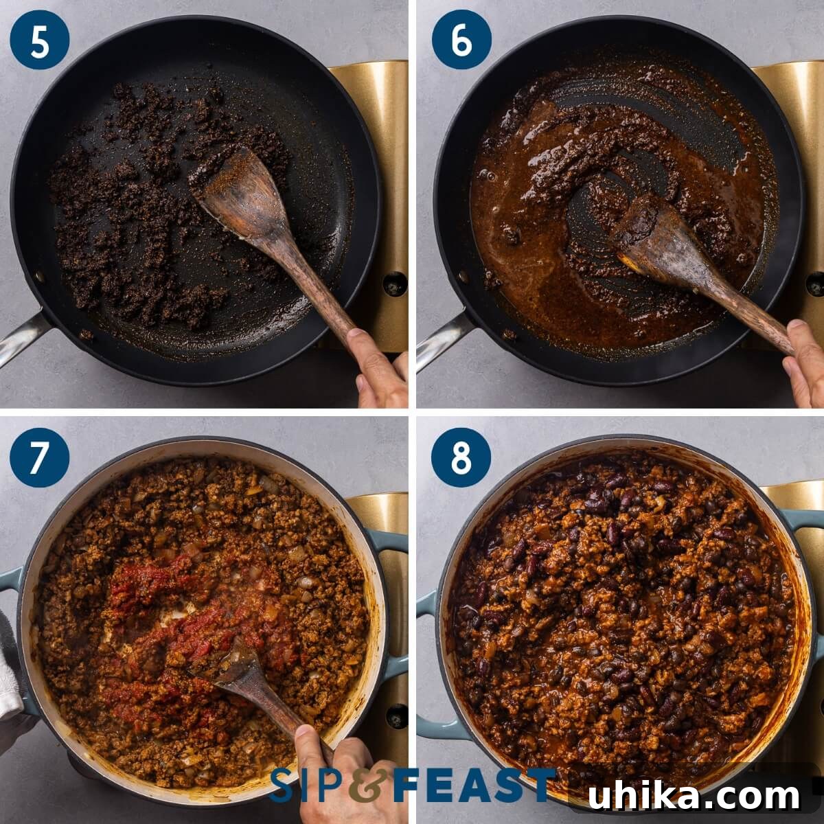 Ultimate Turkey Chili 6 Recipe collage two showing blooming of spice mixture, adding tomato paste and spice mixture to turkey, and simmering pot of turkey chili.