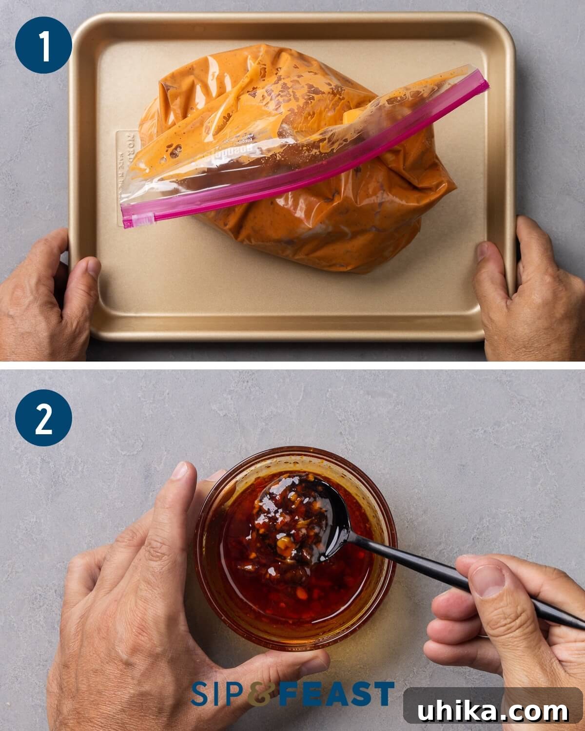 Sticky Hot Honey Chicken and Potatoes 5 Recipe process shot collage showing marinating chicken thighs in a plastic bag and mixing the hot honey sauce.